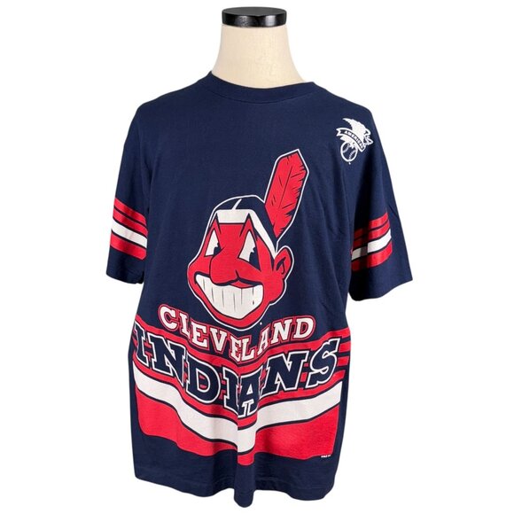Vintage 90s Cleveland Indians Salem Sportswear Navy Graphic T-Shirt Large - Picture 1 of 8